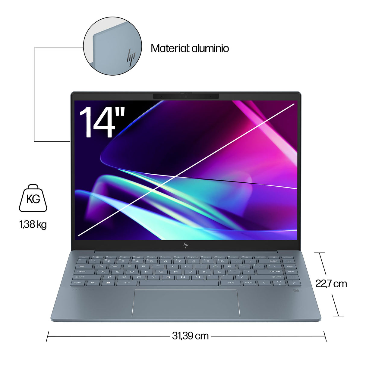 HP Pavilon Plus 14-ew1020ns - Ordenador portátil de 14" OLED 2.8K (Intel EVO Core Ultra 7, 32GB RAM, 1TB SSD, Intel ARC Graphics, Windows 11) Azul - Teclado QWERTY Español