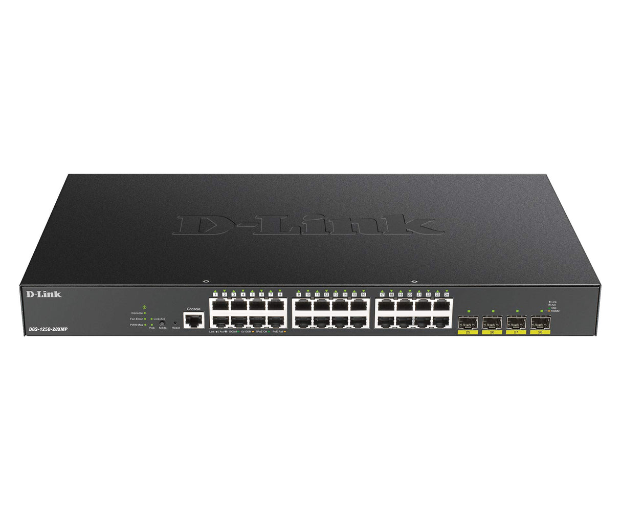 D-Link DGS-1250-28XMP - Switch 28 puertos PoE Gigabit Gestionable con UpLink a 10Gbps, Layer 2 y Layer 3 Lite (24x 10/100/1000BASE-T PoE, 4x 10G uplink SFP+ y 1x consola RJ-45), Negro