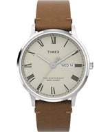 Timex Waterbury - Reloj de 40 mm para hombre, correa de cuero marrón, esfera color crema, caja de acero inoxidable TW2W50600