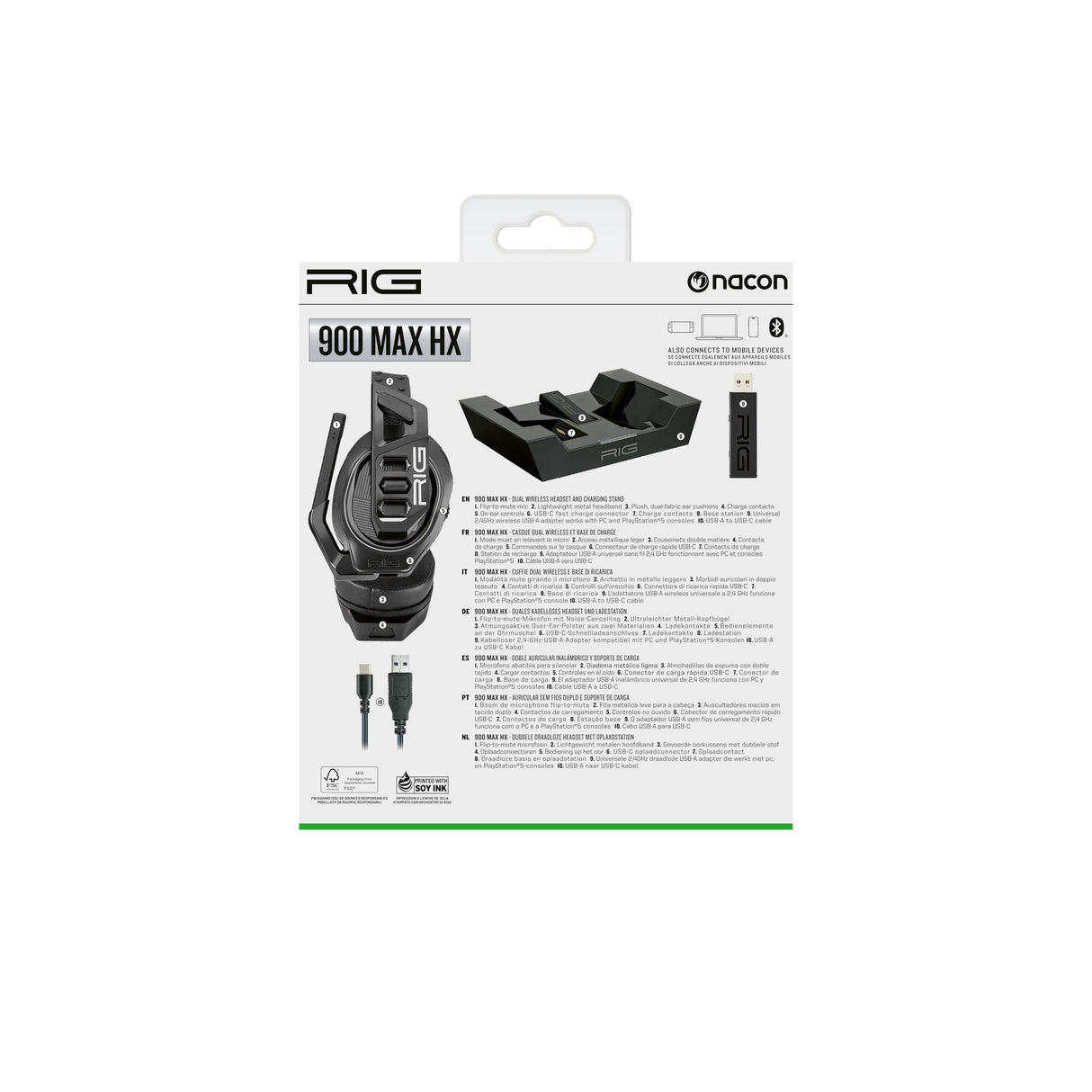 Nacon - Auriculares para Juegos y estación Base Bluetooth, conexión de 2,4 GHz autonomía 60 Horas Oficial Xbox Compatible con PC RIG900