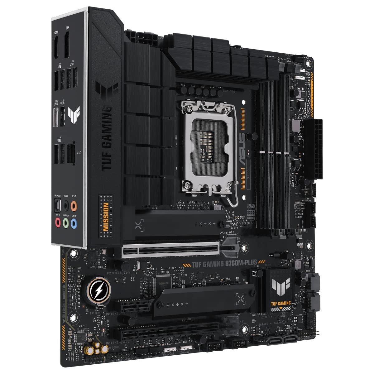 TUF GAMING B760M-PLUS - Placa base Intel B760 (LGA 1700) mATX con DDR5, ranura PCIe 5.0, 2x PCIe 4.0 M.2, 12+1 DrMOS, Realtek 2.5Gb Ethernet, DisplayPort, HDMI, USB 3.2 Gen 2 Tipo C frontal, Aura Sync
