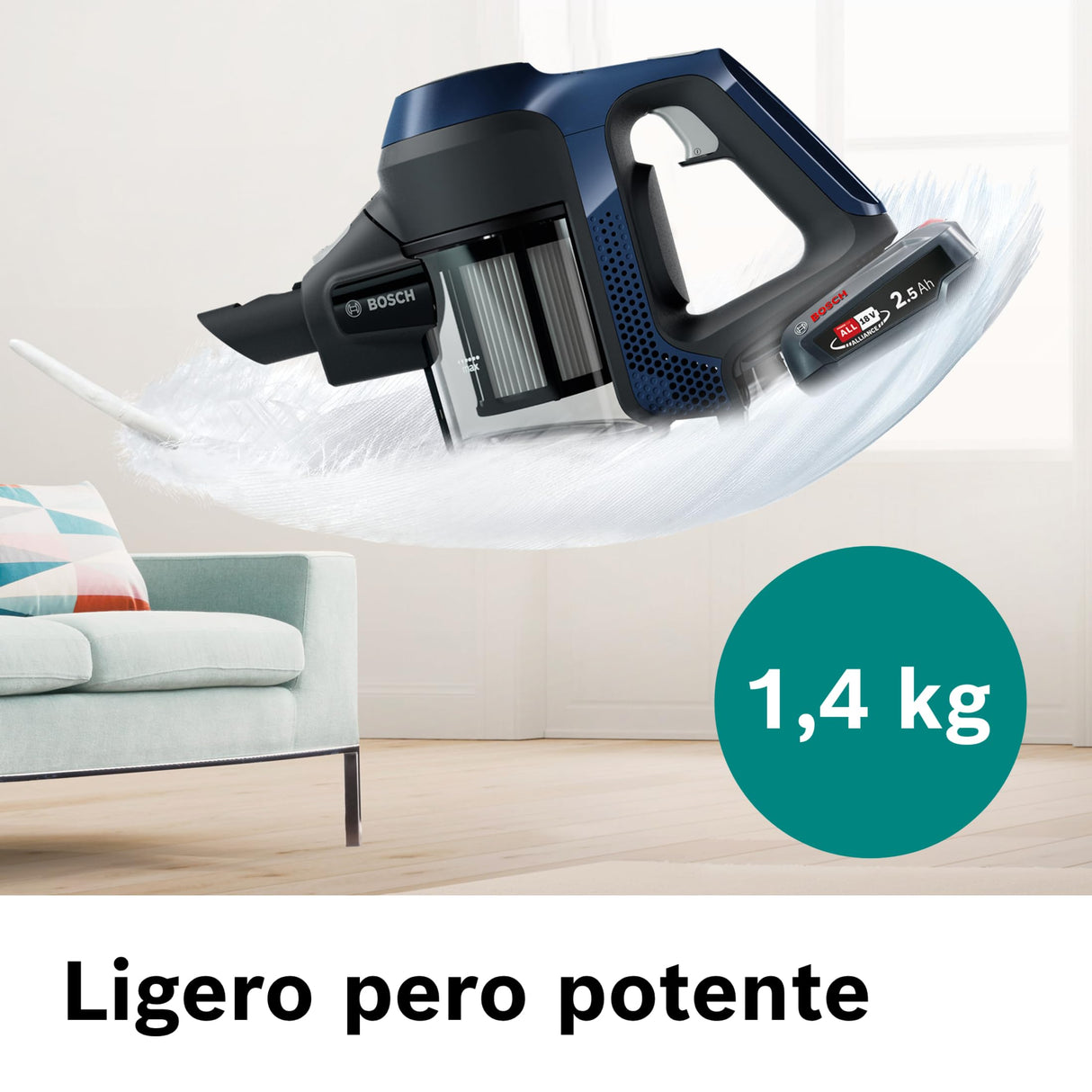 Bosch Unlimited Serie 6 BBS611PCK - Aspirador escoba sin cable, hasta 30 minutos de duración, 18 V, incluye 1 Batería Extraíble (Power for ALL), color azul