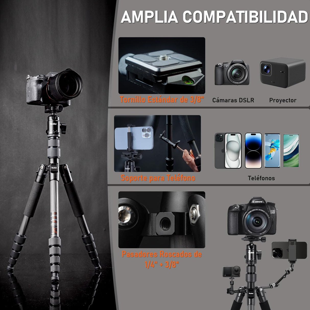 Rollei Tripode Camara Portátil Negro, 145cm Compact Traveler No.1 Carbon Trípode de Viaje Ligero con Soporte para Teléfono y Rótula de Bola 8kg Carga para Movil y Camara, Trípode-Cámara-Viaje-Tripod