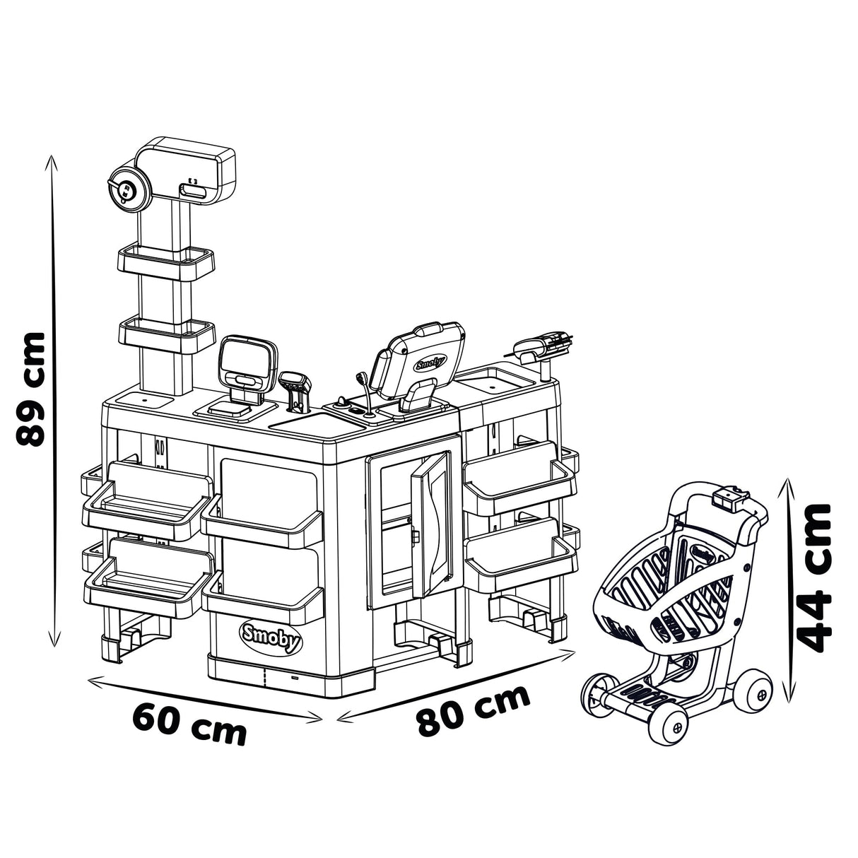 Smoby- Supermercado Maxi con Carrito- Caja Registradora Sin Función Real, Zona de Embolsado, Lector de Código de Barras, Balanza, Frigorífico y 50 Accesorios, Juguete Niños Niñas 3 años (7600350242)