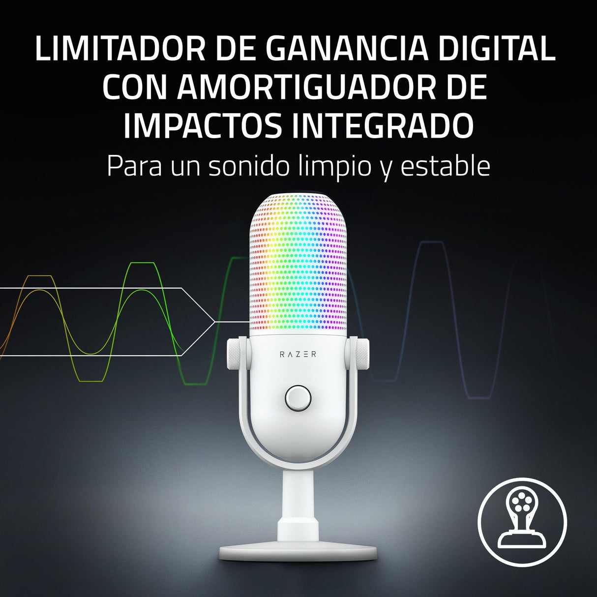Razer Seiren V3 Chroma - Micrófono USB RGB - Micrófono de Condensador supercardioide con Tap-to-Mute (iluminación reactiva, limitador de Ganancia Digital y Amortiguador Integrado) Blanco