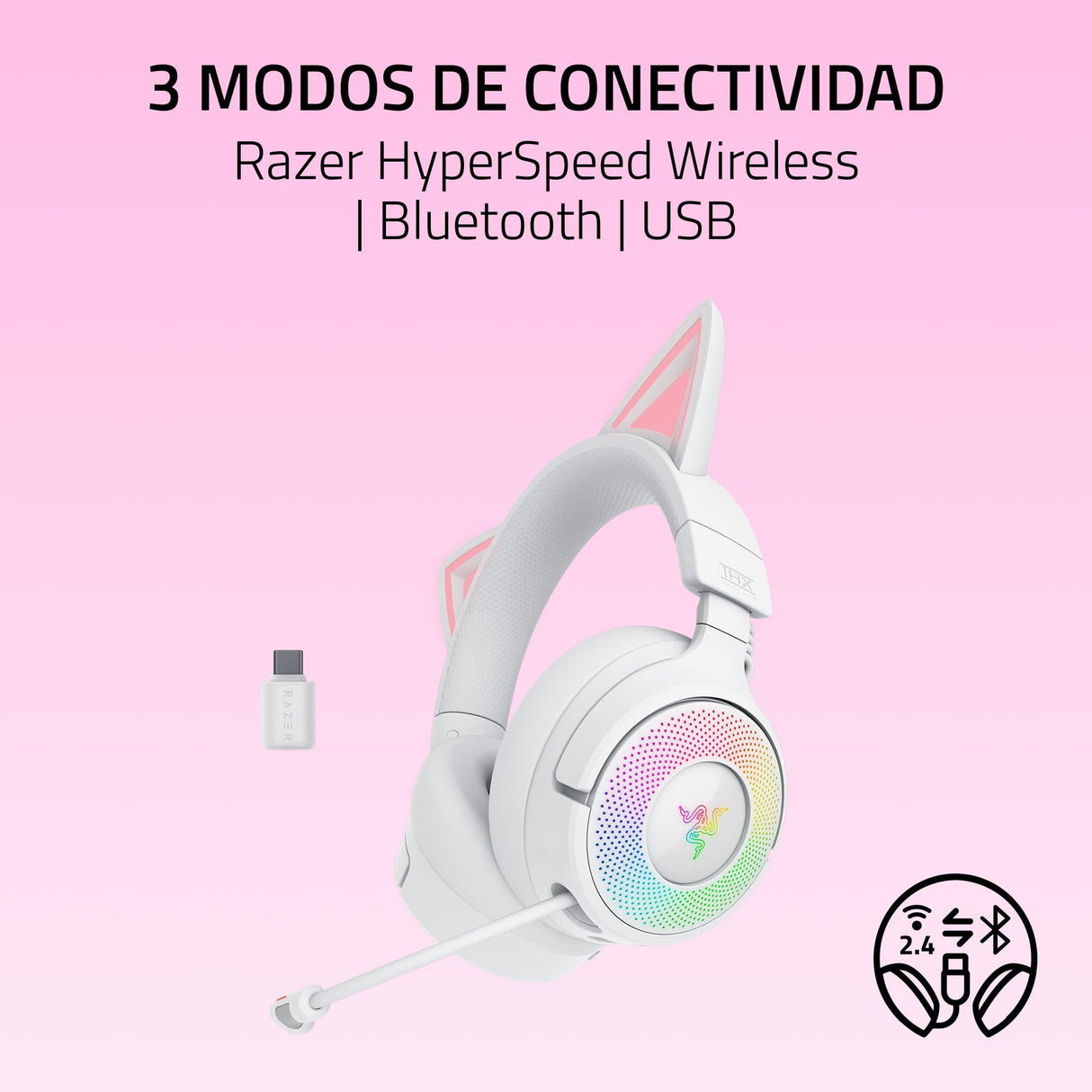 Razer Kraken Kitty V3 Pro - Auriculares inalámbricos RGB Kitty para Juegos - Orejas de Gato reactivas para Streaming - Diafragma 40mm - Hyperspeed Wireless y Bluetooth - THX Spatial Audio | Blanco