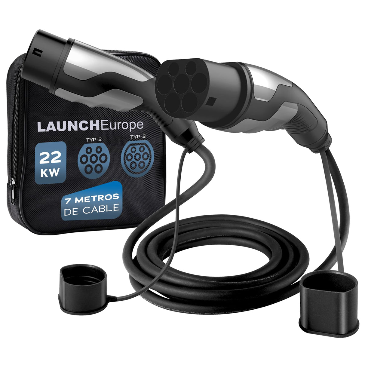 Launch Cable de Carga Tipo 2-22kW 7M 32A para Coche eléctrico, Ideal para EV/PHEV Tipo 2 a Tipo 2, 3 Fases, IP55, con Bolsa de Transporte. Compatible con vehículos T-Mode y E-Golf.