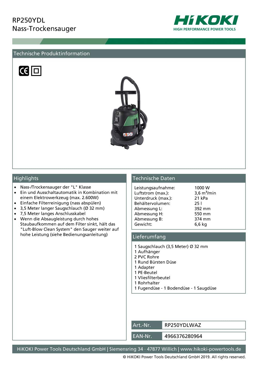 HiKOKI Aspiradora de Agua y Polvo - 21 L, 1000 W, Clase L, 3,6 m³/min, Cable de 7,5 m - Incluye Accesorios, para Construcción y Talleres