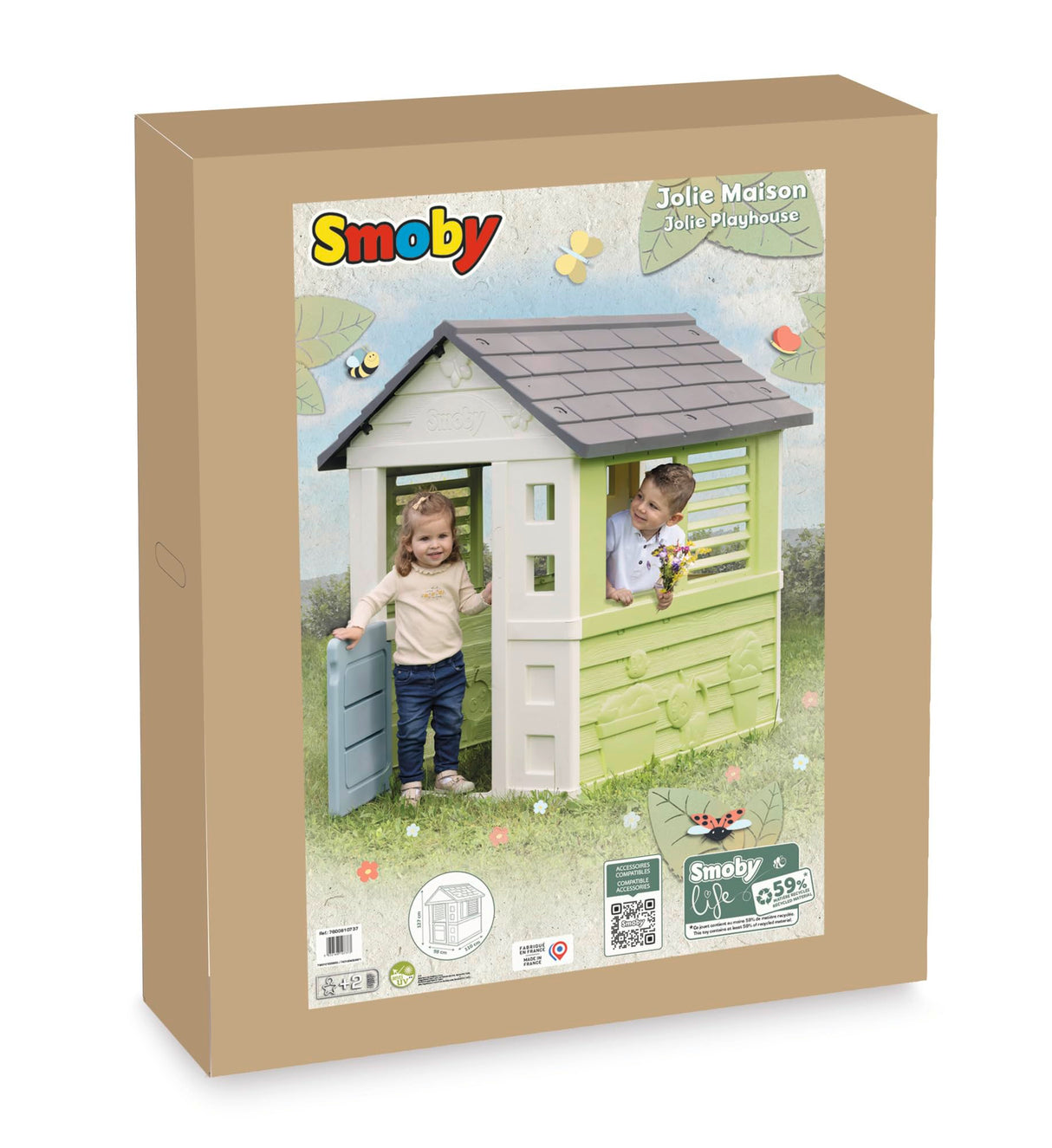 Smoby Life Casa de Juegos Jolie - Resistente a los Rayos UV - Plástico Reciclado 59% - Ideal para Jardín o Terraza - con Puerta Baja y Ventanas con Listones - A Partir de 2 Años (7600810737)