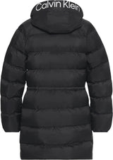 Calvin Klein Abrigo de plumas Mujer Lightweight Logo Mid Length con capucha, Negro (Black), S