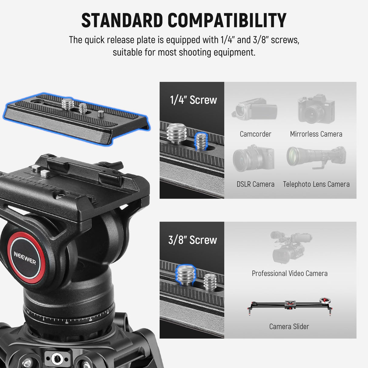 NEEWER Trípode para cámara de Video de 76 Pulgadas con Cabezal Fluido, liberación rápida de un Paso con amortiguación Ajustable, Soporte de trípode de Aluminio Resistente, Placa QR de Modo Dual para