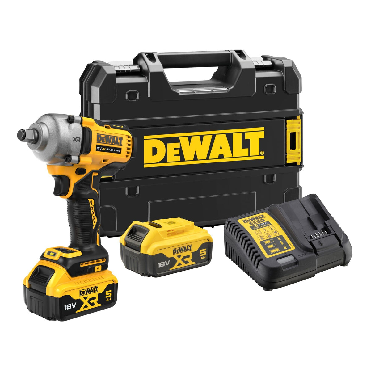 DEWALT Llave de impacto 18V XR, motor sin escobillas con 2 baterías XR 18V de 5.0Ah y cargador multivoltaje, DCF891P2T-QW