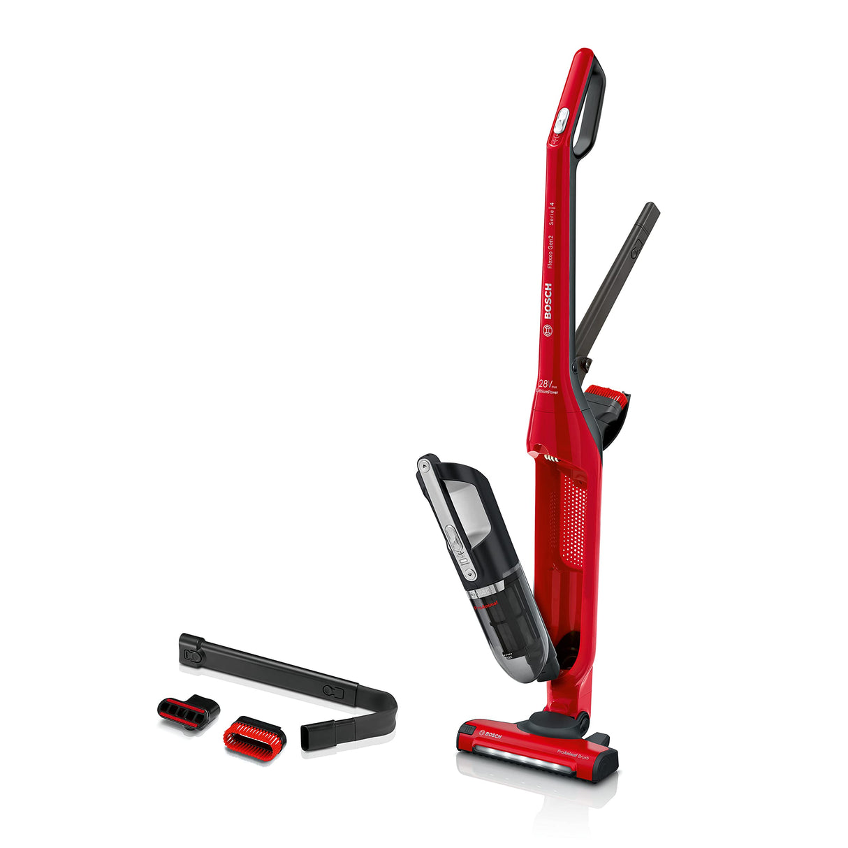 Bosch Serie | 4 Flexoo'o Gen 2 Aspirador Vertical sin Cable, 28 W, 0.4 litros, 82 Decibeles, 2 Velocidades, Rojo