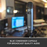Blue Ember XLR Micrófono condensador para grabación, Podcasting y transmisión, Cápsula cardioide personalizada y Soporte de micrófono - Gris