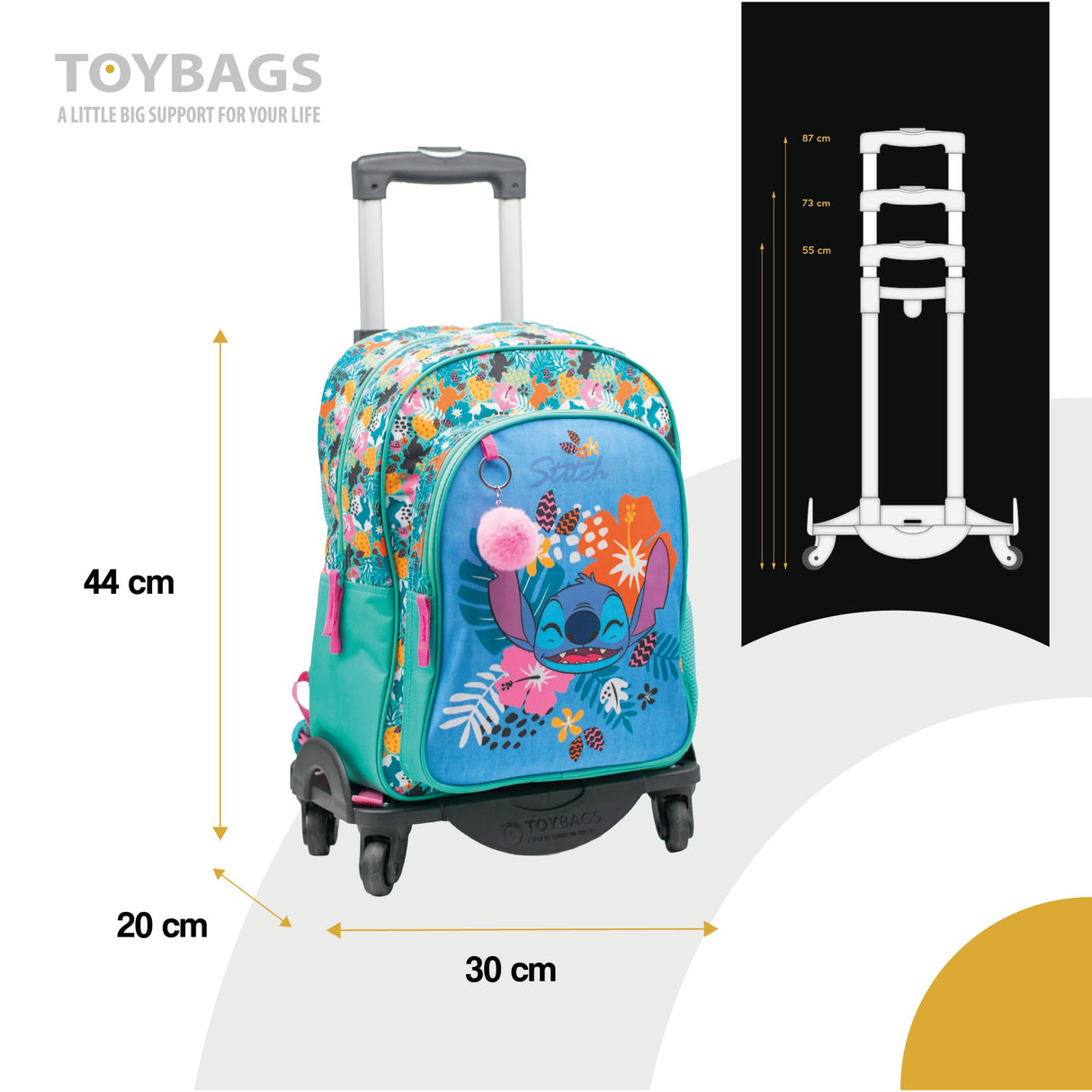 ToyBags Mochila Escolar Stitch Tropical - Doble Compartimento - CON ACCESORIO POM-POM - Adaptable + CARRO NEGRO PROTECCION LATERAL Y STOPER FRONTAL ANTI CAIDA 4 ruedas giratorias - 44 X 30 X 20 CM
