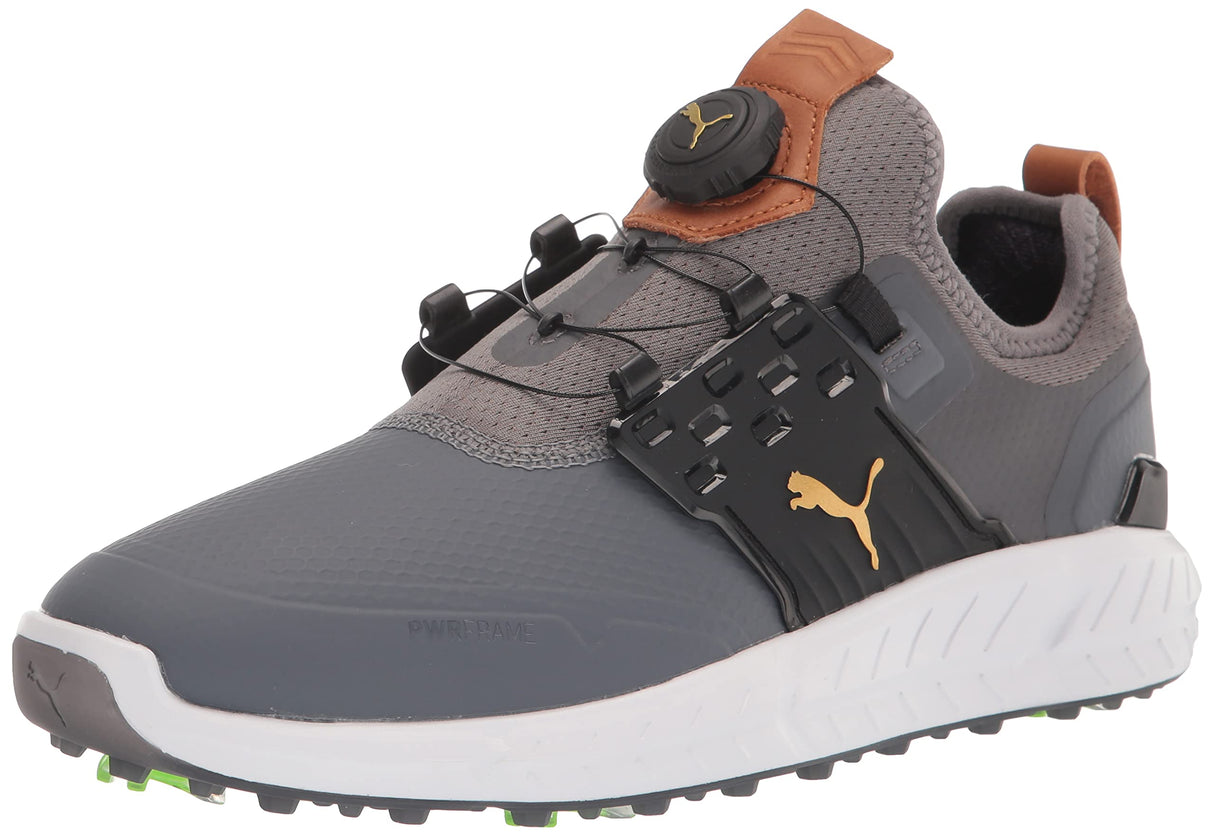 PUMA Encendido Disco articulado, Zapatos de Golf Hombre, Quiet Shade Team Gold Negro, 45 EU