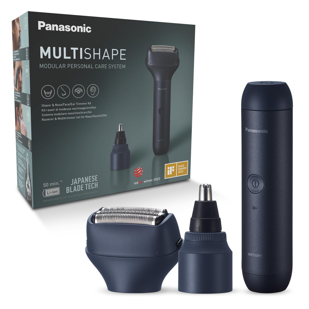 Panasonic XSHAPE-JUNIOR MULTISHAPE Set Unidad principal, Cabezal de corte de nariz, orejas y cara, Cabezal de afeitado eléctrico de 3 hojas con batería de iones de litio recargable