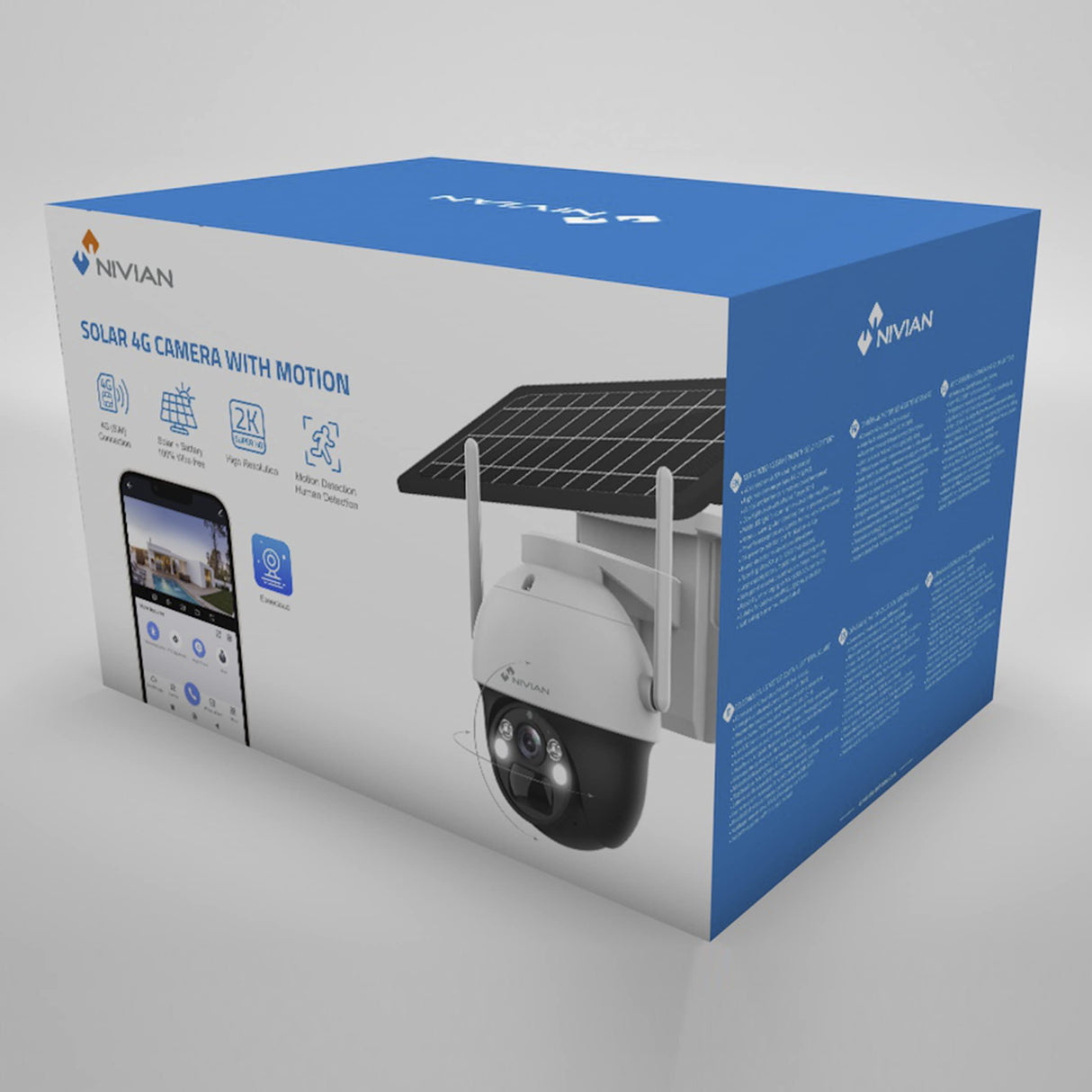Nivian Cámara vigilancia seguridad 360º 4G(SIM) Panel solar 7W-Batería larga duración 18000mAh-2K-Detección de movimiento y humanos-Apta exterior-Visión nocturna+Leds-Audio bidireccional-APP EseeCloud