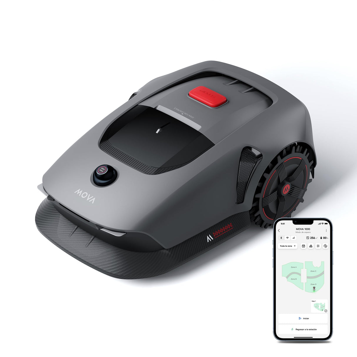 Mova 1000 Robot Podador, Configuración Inalámbrica UltraView™ y Mapeo Preciso de hasta 1000 m², Evasión de Obstáculos Inteligente, Ruedas Todoterreno Mejoradas, Corte en Forma de U, Carga Rápid