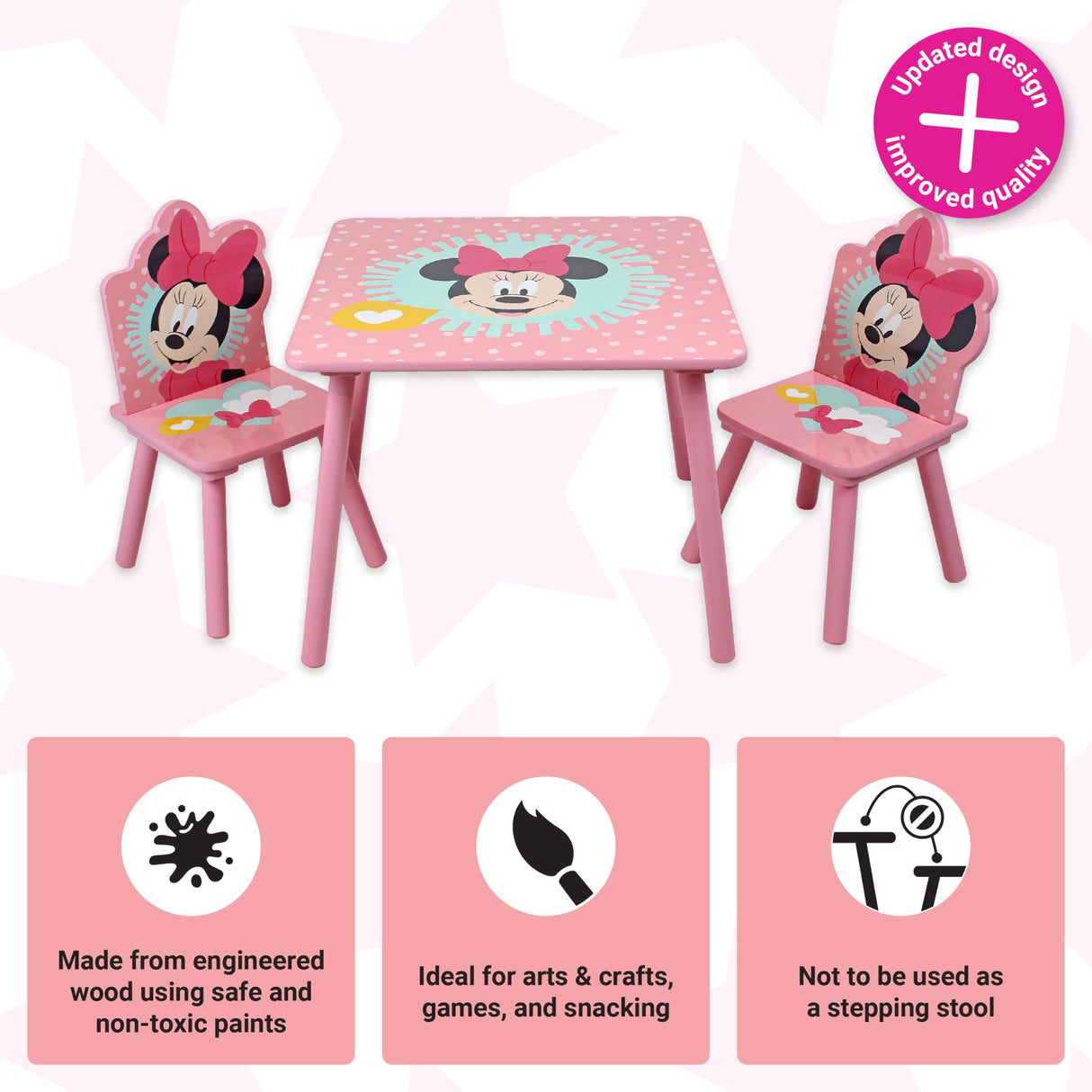 Disney Minnie Mouse Juego de mesa y sillas para 2, soporta hasta 30 kg por silla, óptimo para jugar y realizar actividades, tamaño pequeño, rosa