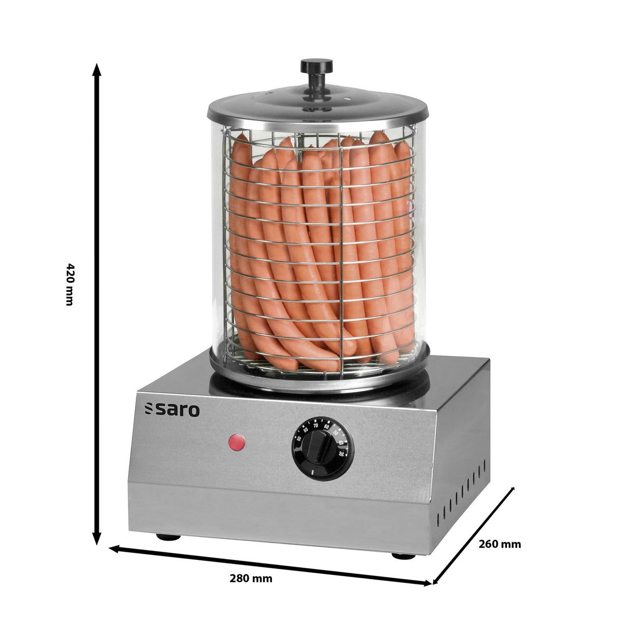 SARO CS-100 Máquina para perros calientes, cilindro de cristal, carcasa de acero inoxidable, control de temperatura 0-110 °C, compacto, 280 x 260 x 420 mm (A x L x H), 1 kW