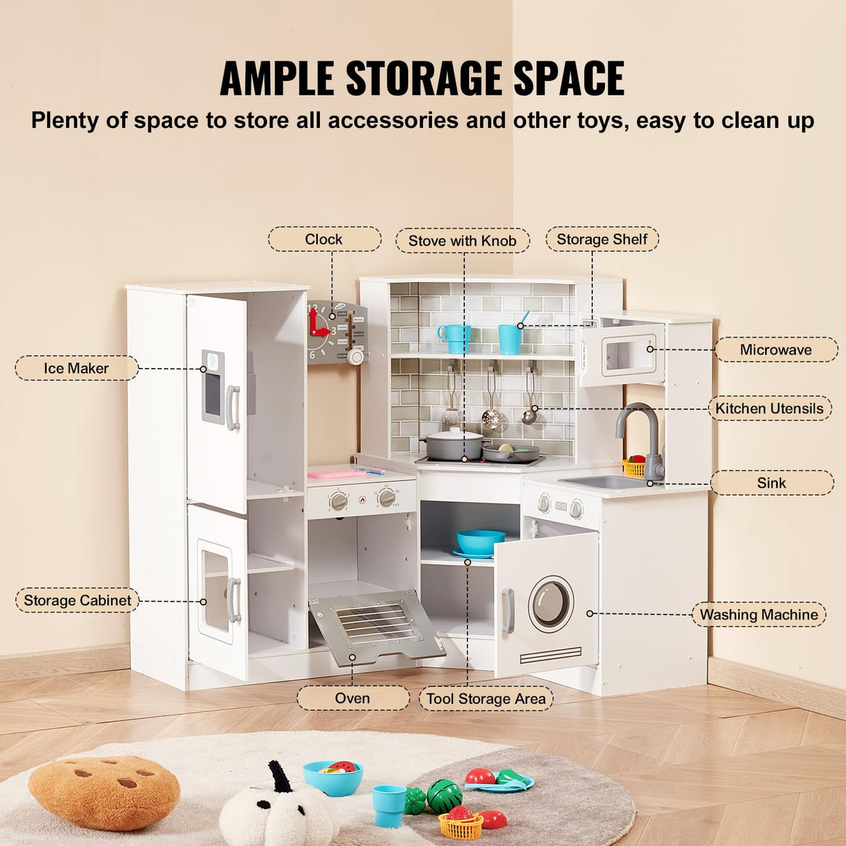 VEVOR Juego de Cocina de Madera de Esquina con Luces y Sonidos Cocina con Máquina de Hielo, Horno, Fregadero, Reloj, Microondas, Refrigerador y Accesorios para Niños Pequeños y Preescolares, Blanco