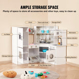 VEVOR Juego de Cocina de Madera de Esquina con Luces y Sonidos Cocina con Máquina de Hielo, Horno, Fregadero, Reloj, Microondas, Refrigerador y Accesorios para Niños Pequeños y Preescolares, Blanco