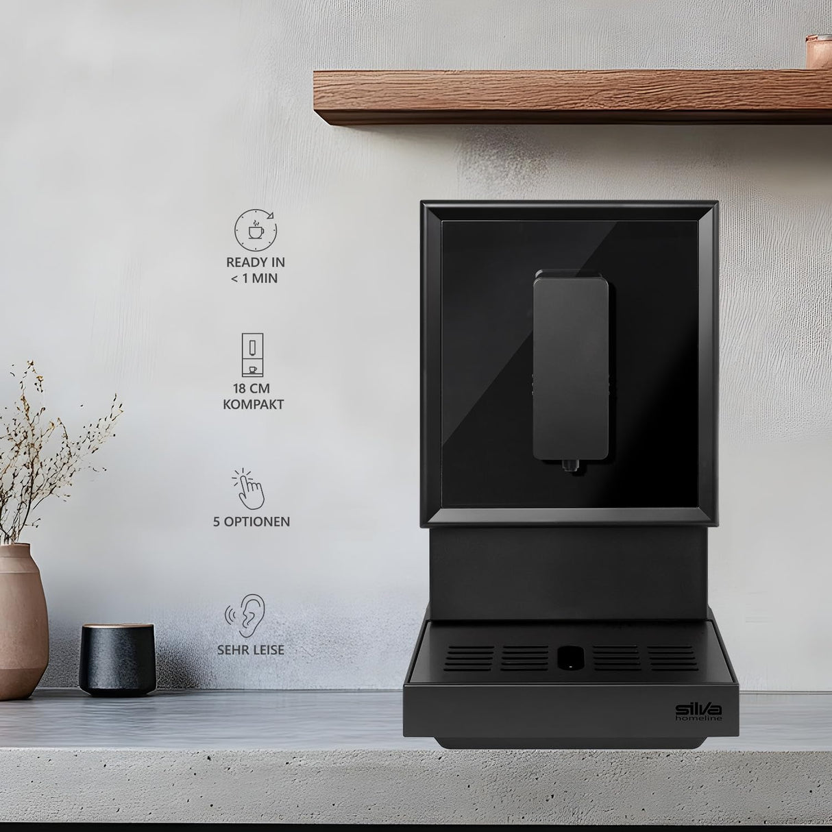 Silva Schneider Cafetera automática KVA 2400 | Compacta 18 cm | 19 Bar | Molinillo de acero inoxidable | Panel LED táctil | Modo de velocidad en 45 segundos – sin precalentamiento | Sistema Eco |
