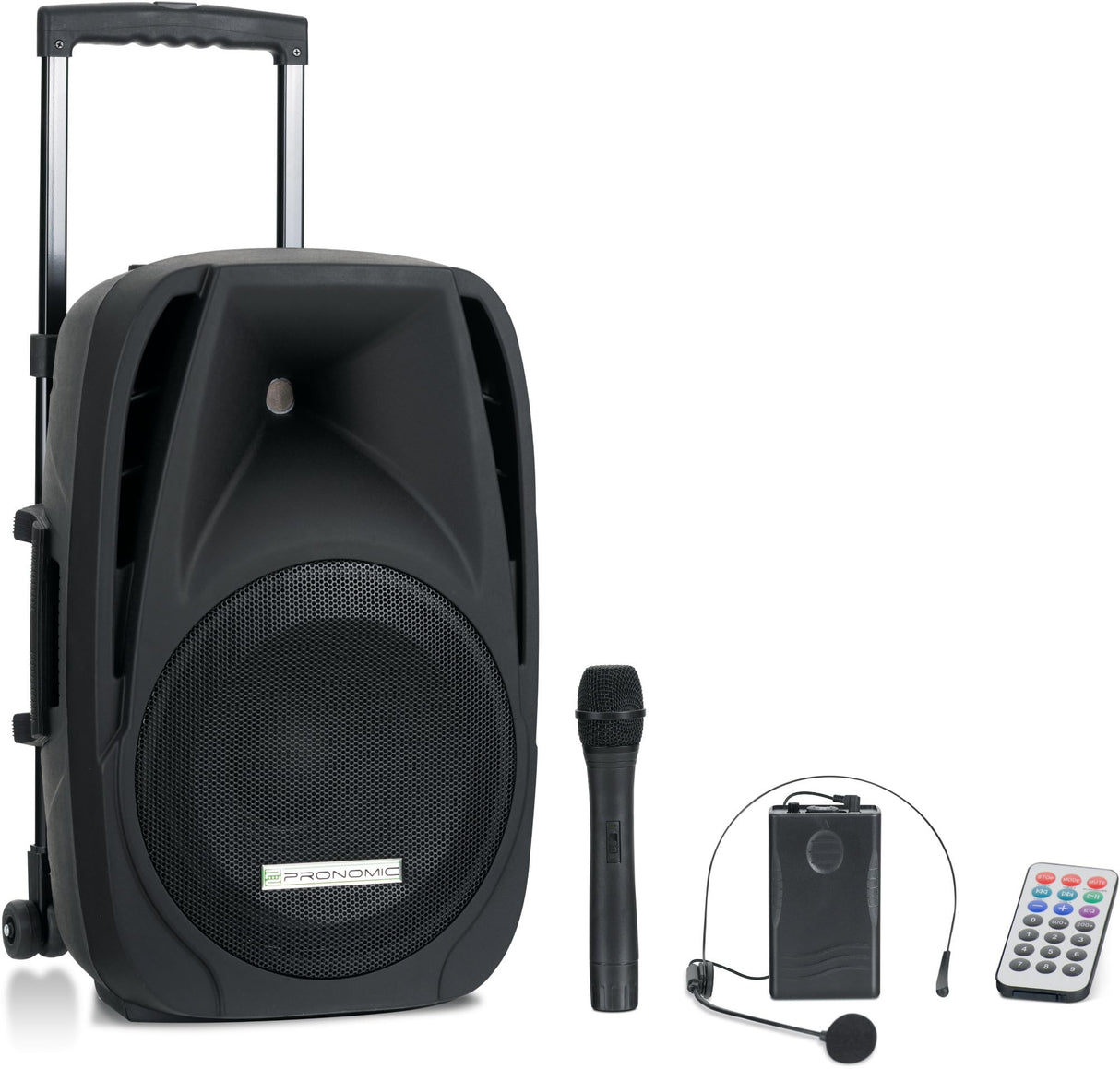 Pronomic PH12AW Caja Activa 12" con batería, 80W RMS, 5h autonomía, Bluetooth, MP3/SD/USB, Incluye micrófono inalámbrico, Headset, Mando y Trolley para Sistemas móviles.