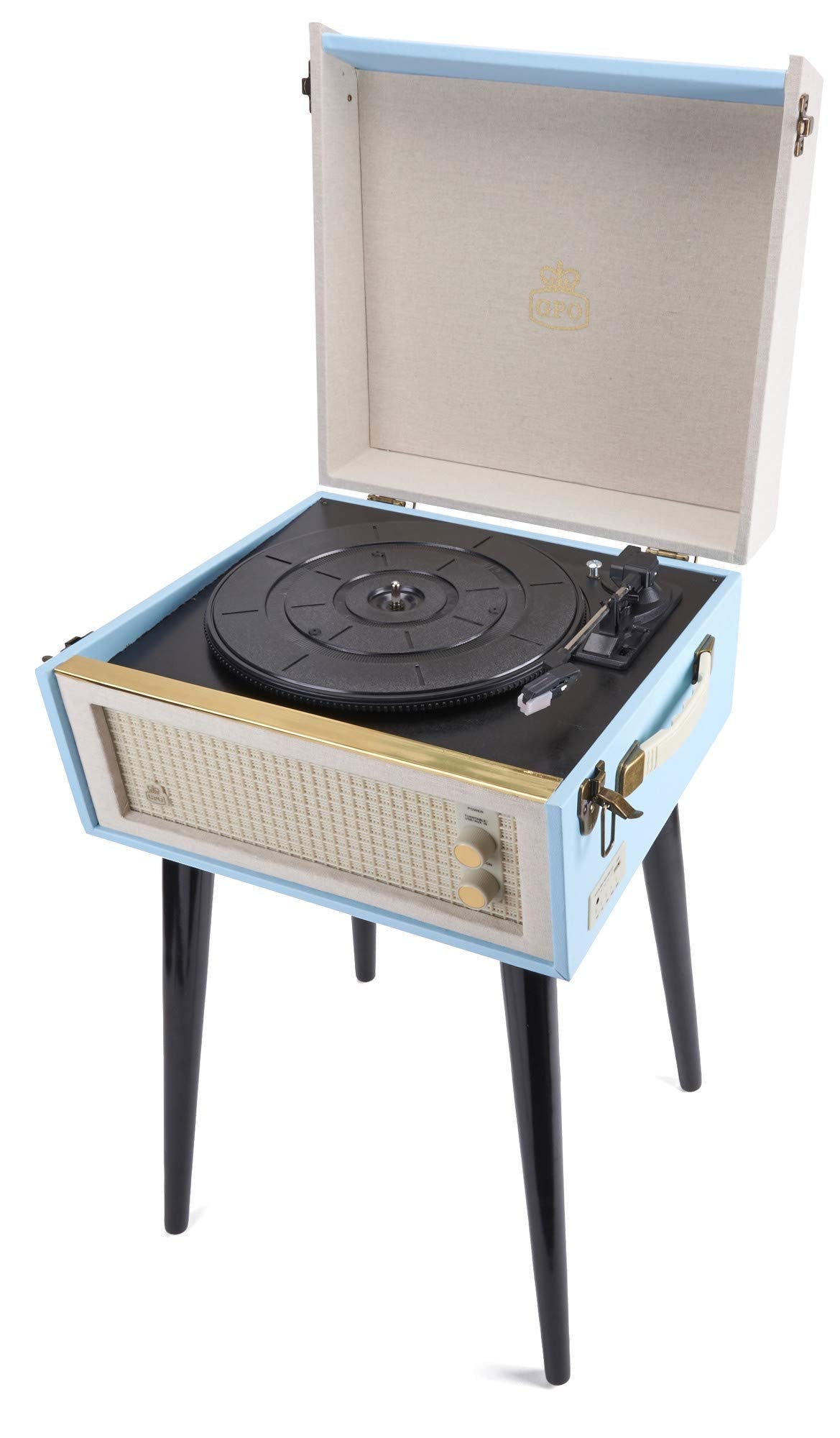 GPO Bermuda Reproductor de vinilos con patas desmontables, Bluetooth y altavoz incorporado - Azul
