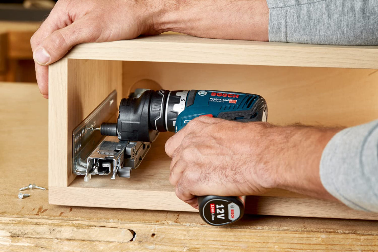 Bosch Professional 12V System GSR 12V-35 FC - Atornillador a batería (Brushless, 35 Nm, 5 cabezales FlexiClick, 2 baterías x 3.0 Ah, en L-BOXX)