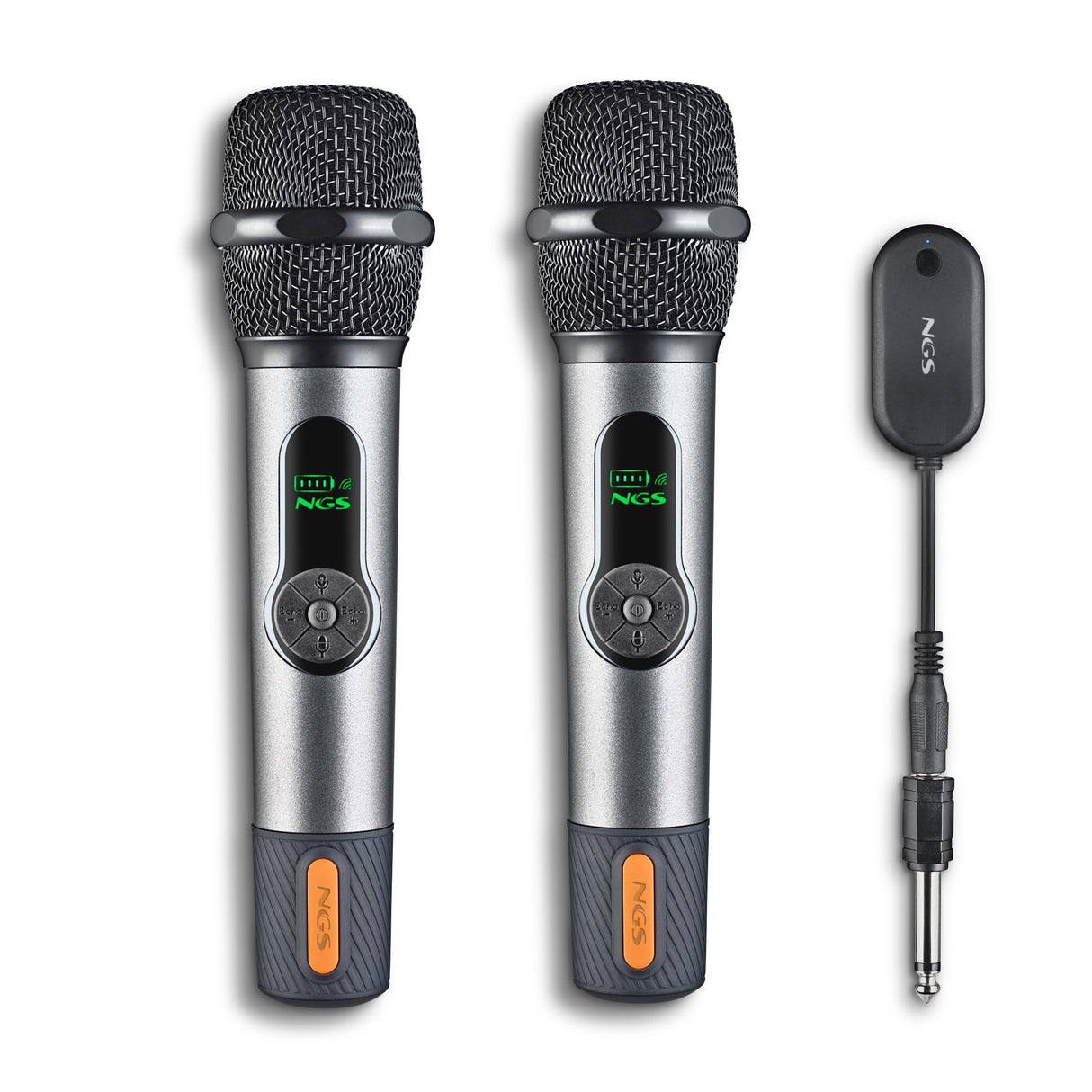 NGS Singer Star Duo – Pack 2 Micrófonos Inalámbricos Dinámico 2,4GHz, Autonomía 30h, Control de Volumen y Eco, Indicador de Batería, Conexión Jack 3,5mm y 6,3mm – Ideal para Karaokes y Eventos