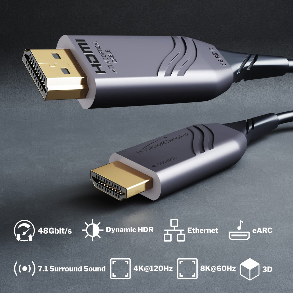 KabelDirekt – 8K HDMI 2.1 cable óptico, certificado con 0% de pérdida de señal – 15m (Ultra High Speed, 48G, 8K@60Hz, con licencia oficial, cable de fibra óptica flexible, gris/negro)