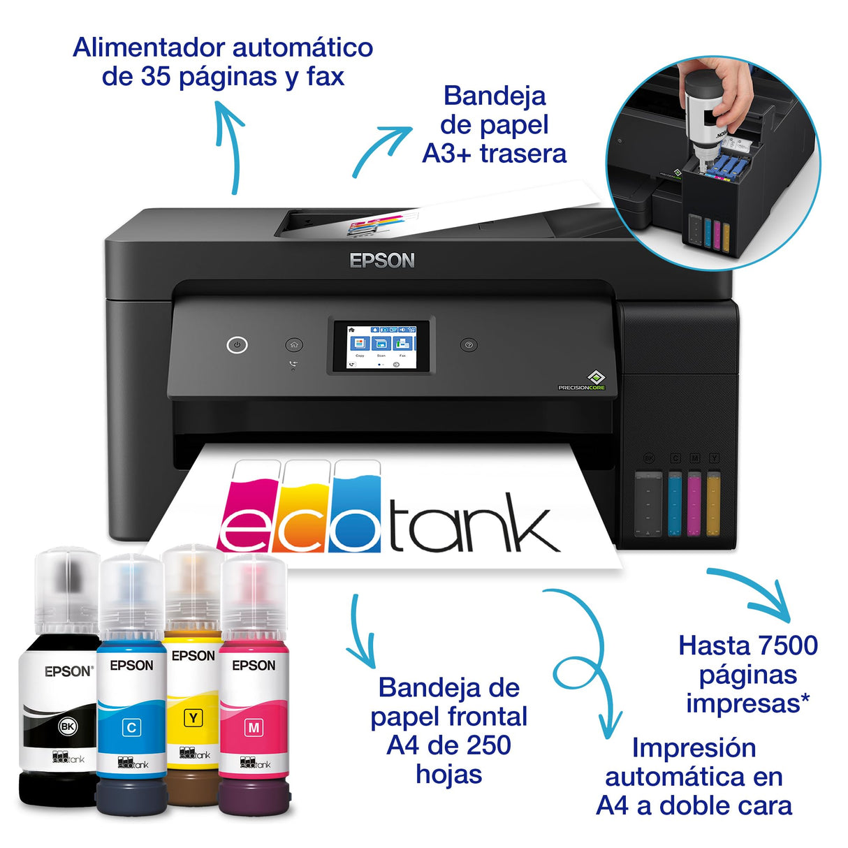 Impresora multifunción EcoTank ET-15000 A3+ con depósito de tinta, conexión Wi-Fi y tinta incluida para hasta 3 años.