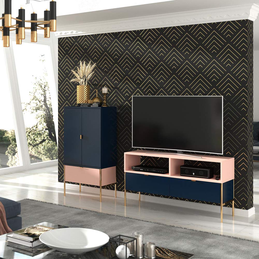 Selsey Mueble de TV, Color Azul Oscuro/Rosa/Estructura de Metal Dorada, 120 x 65 x 37