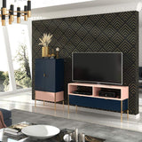 Selsey Mueble de TV, Color Azul Oscuro/Rosa/Estructura de Metal Dorada, 120 x 65 x 37