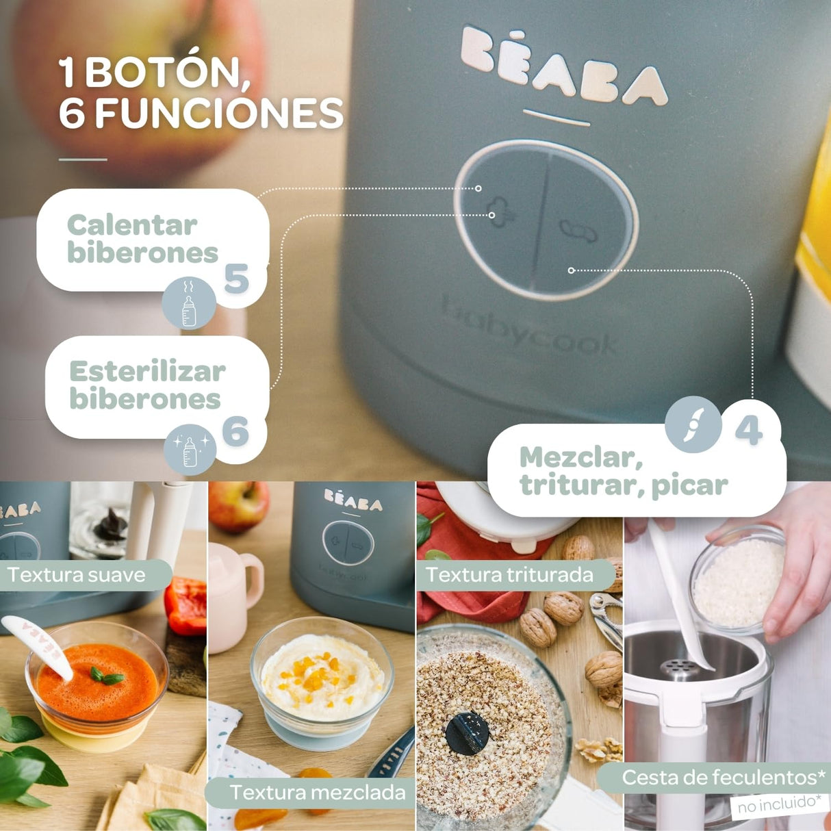BÉABA Babycook Neo, Robot de cocina infantil, tritura, cocina y cuece al vapor, Rápido en 15 minutos, Recipiente de vidrio y cesta de acero inoxidable, Para Bebés y Niños, Gris mineral