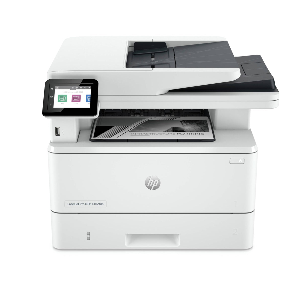 HP Impresora multifunción HP Laserjet Pro 4102fdn (Impresión Doble Cara Automática, Scanner, Fax, Red Gigabit Ethernet, USB 2.0, 1 Host USB, HP Smart App, Apple AirPrint, Mopria), Blanca y negra