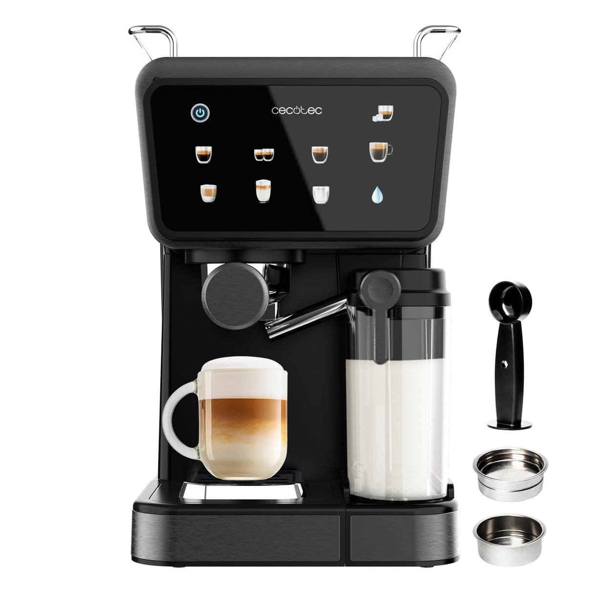 Cecotec Cafeteras Express Semiautomáticas Power Espresso Touch ColdBrew Latte. 1350W, 20 Bares, Frío, Templado o Caliente, Pantalla Táctil, 1.5L Depósito Agua, 500ml Depósito Leche, Doble Brazo