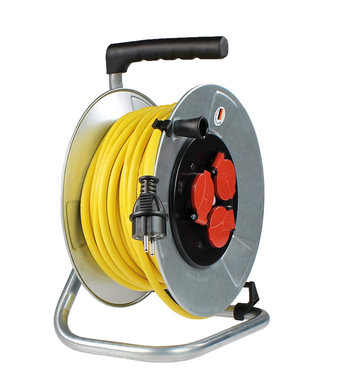 as - Schwabe enrollacables con cable de 33 m - 3 tomas con tapas de protección - Protegido frente a salpicaduras de agua IP44 - Protección contra sobrecalentamiento - Carrete Made in Germany, 10347