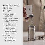 Aarke Purifier, jarra filtrante de agua en vidrio y acero inoxidable (2,4 L / 10 tazas) + pack de 3 bolsas de recarga de filtro Pure