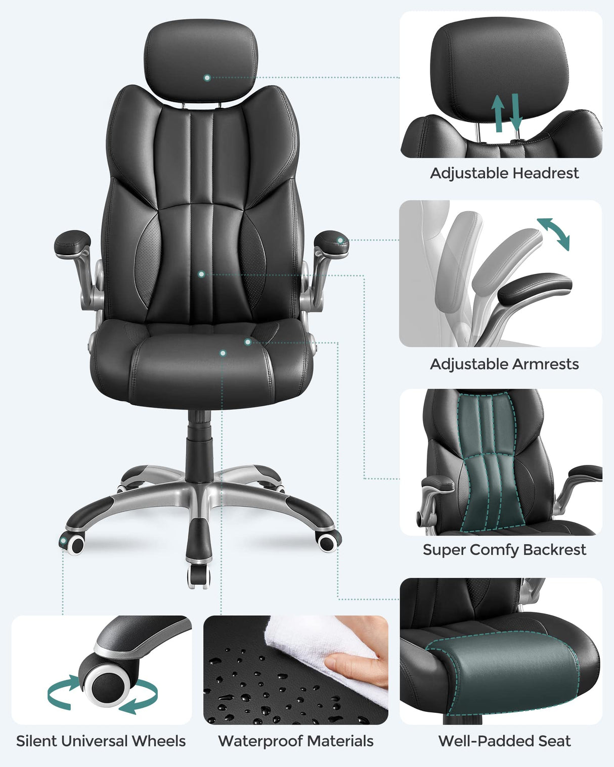 SONGMICS Silla de Oficina, Silla Gaming Ergonómica, Mecanismo de Inclinación, Apoyabrazos Plegables, Ruedas Universales, Altura Ajustable, Silla Racing, Negro Tinta OBG65BK