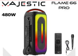 Majestic Flame 66 Pro – Altavoz de Fiesta Bluetooth, Luces LED, entradas USB/Micro SD/AUX/Mic/Guitar, micrófono, Mando a Distancia, TWS, batería Recargable, asa y Correa de Transporte