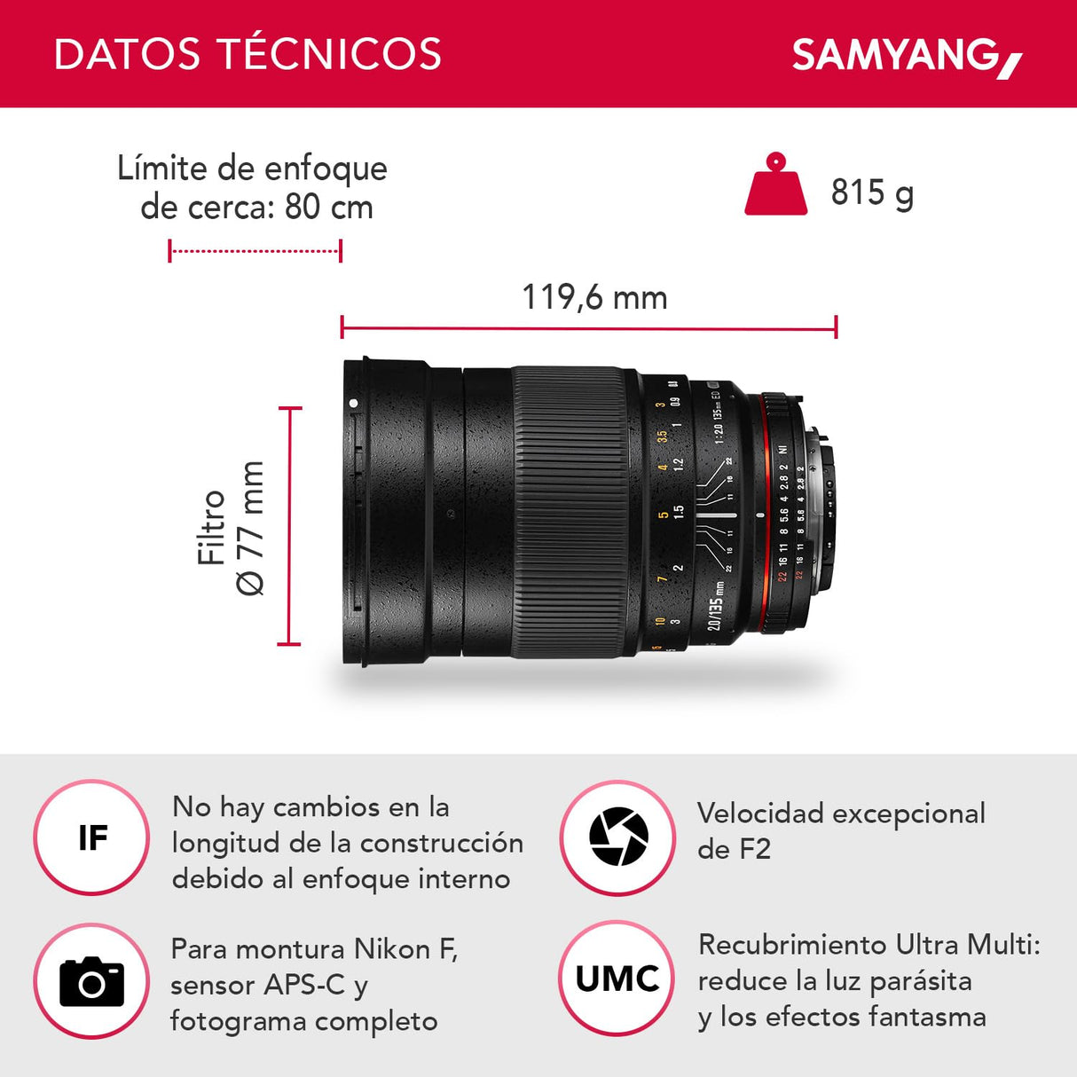Samyang F1112203101 - Objetivo fotográfico DSLR para Nikon F Ae (Distancia Focal Fija 135mm, Apertura f/2-22 ED UMC, diámetro Filtro: 77mm), Negro