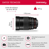 Samyang F1112203101 - Objetivo fotográfico DSLR para Nikon F Ae (Distancia Focal Fija 135mm, Apertura f/2-22 ED UMC, diámetro Filtro: 77mm), Negro