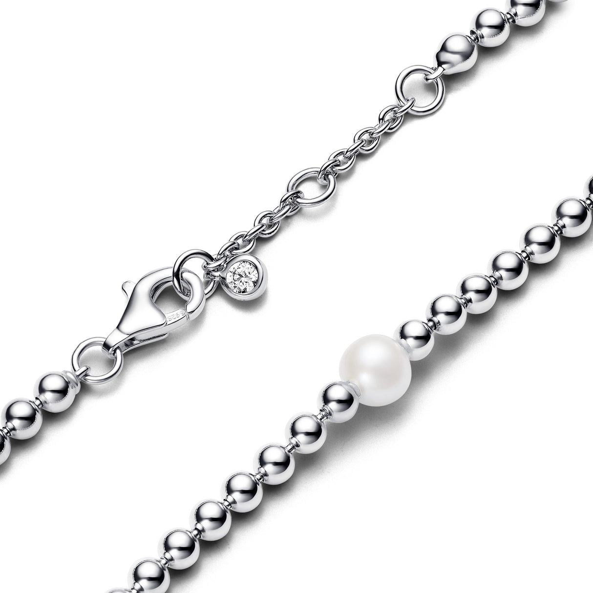 Pandora Timeless Pulsera con cuentas de plata de ley con perla blanca cultivada de agua dulce tratada y circonitas cúbicas transparentes, 16