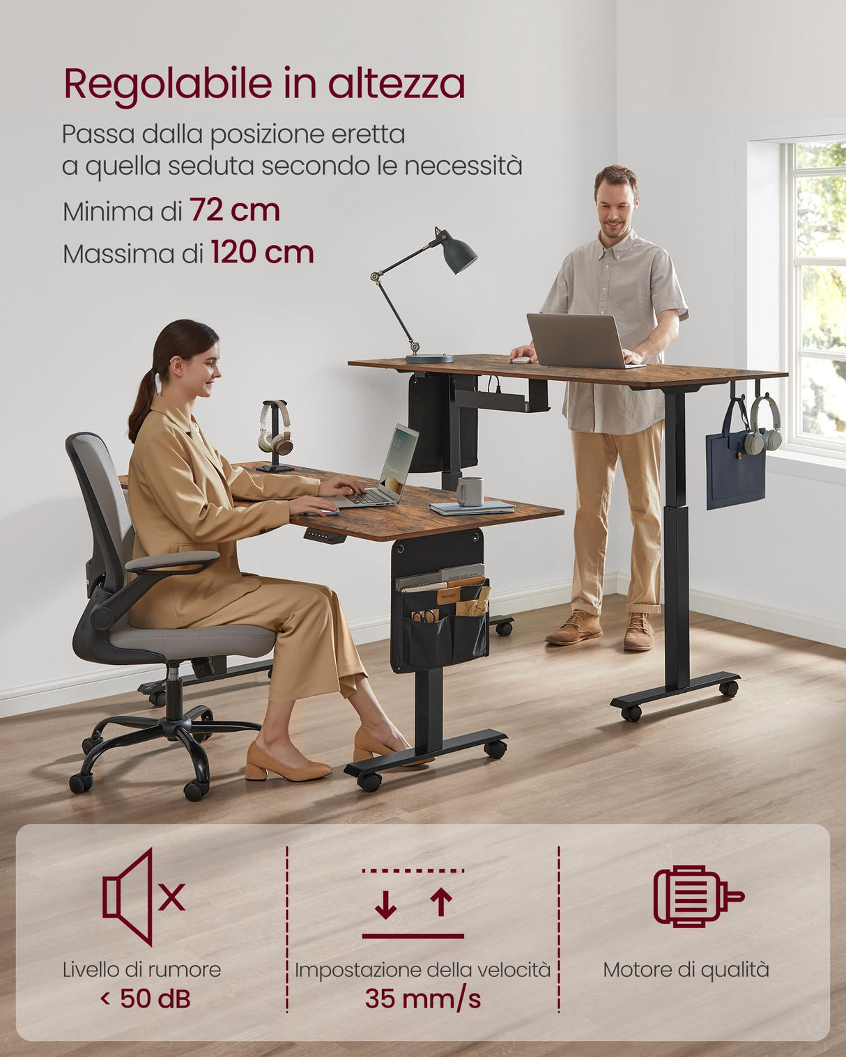 VASAGLE Escritorio Eléctrico de Altura Regulable, 60 x 160 x (72-120) cm, Ajuste Continuo, Función de Memoria con 4 Alturas, Marrón Rústico LSD176X01V1