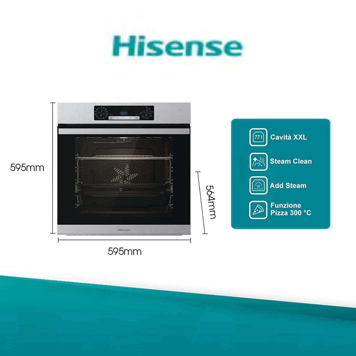 Hisense BSA65226AX Horno Multifunción con Vapor + Función Freidora de Aire sin Aceite, Gran Capacidad 77L,Cocción Simultanea 5 Niveles, ventilador XXL, Pizza mode 300º, Puertas removibles Inox
