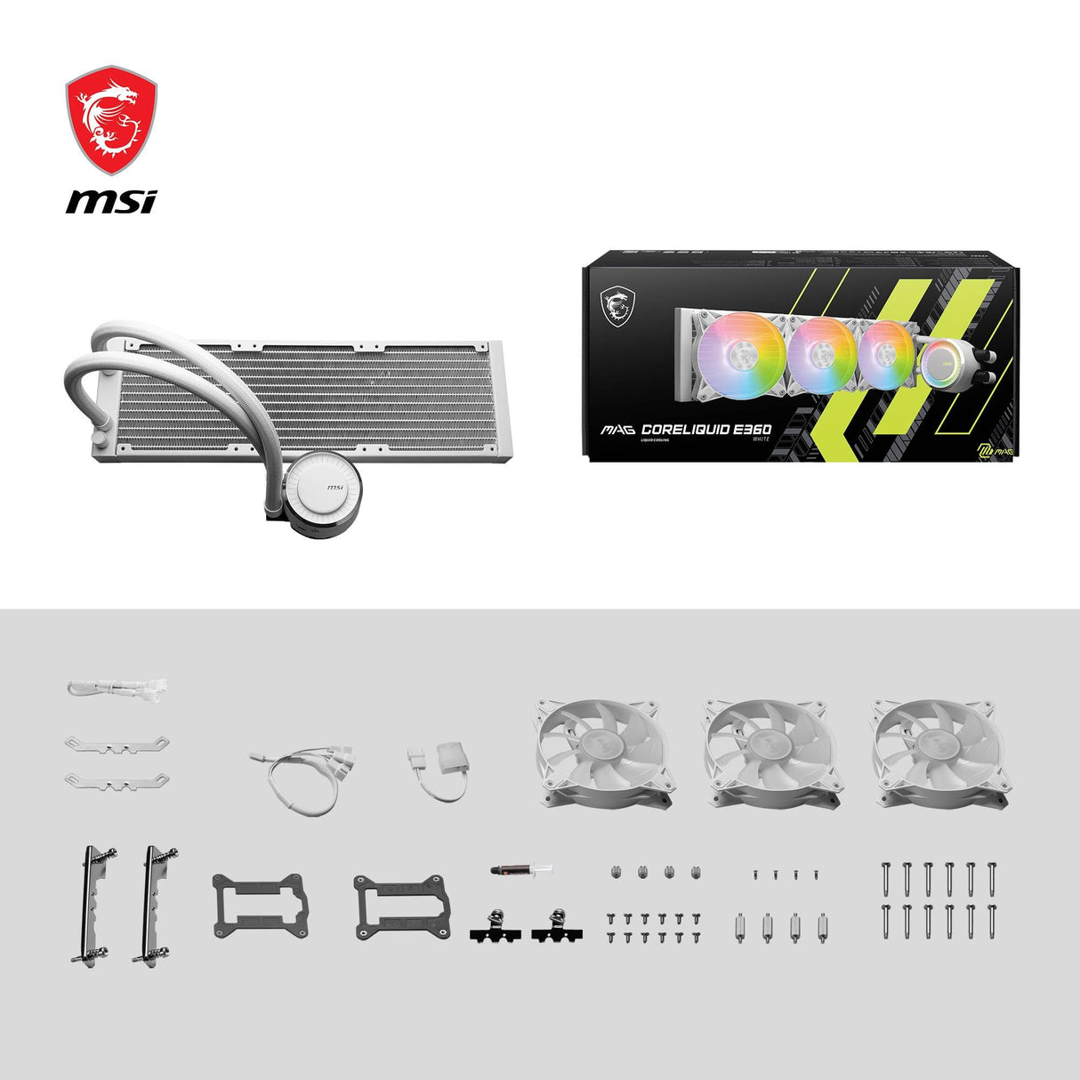 MSI MAG CORELIQUID E360 Refrigeración líquida CPU - Cold plate de Cobre Ampliada, ARGB y Ventiladores FDB,Bloque de Agua Cámara-Dual, Radiador Flujo Dividido, Mystic Light-Intel y AMD , blanca