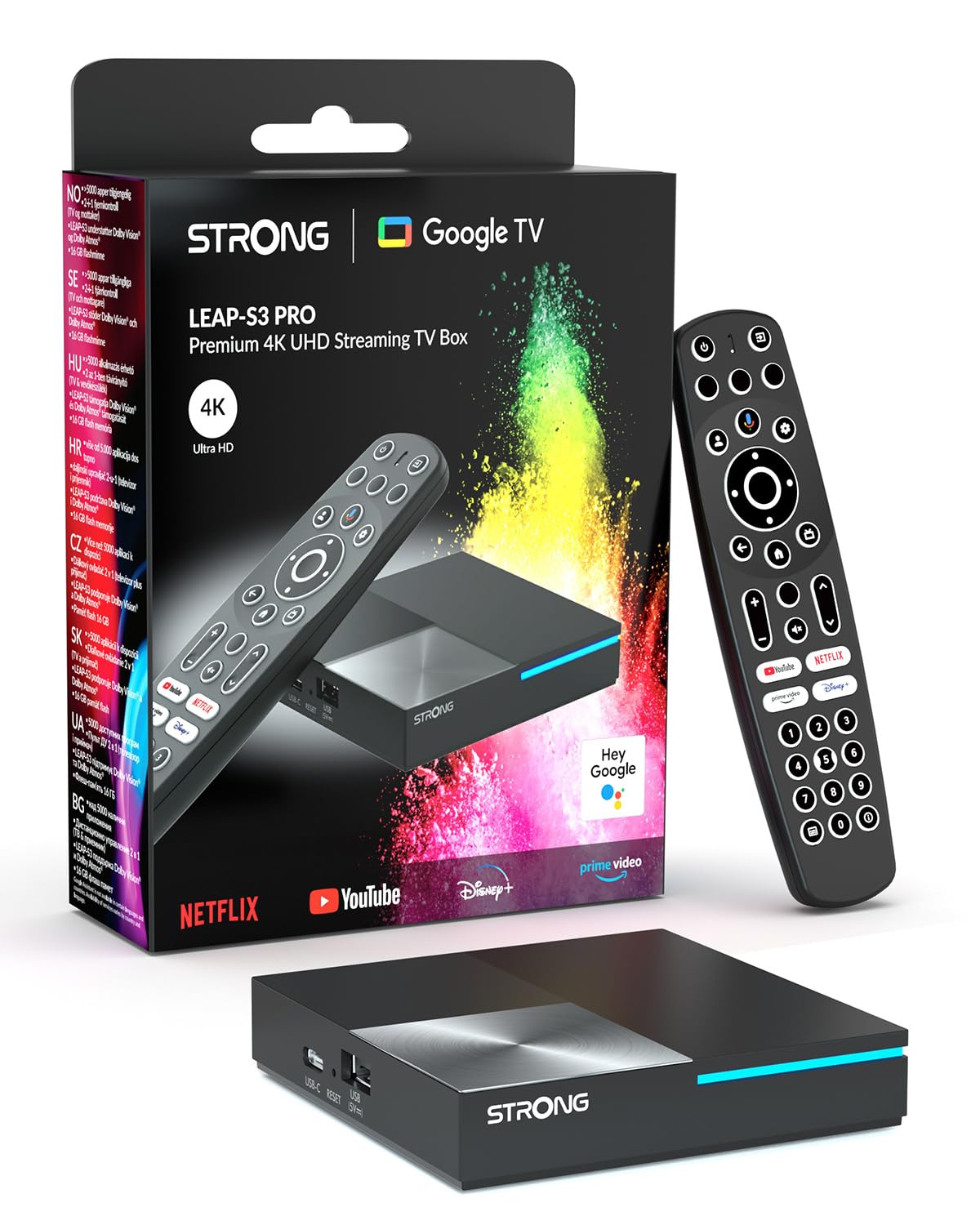 STRONG Leap-S3 Pro TV Streaming Box 4K UHD Google TV con Puerto Ethernet, Android 12, 4GB RAM + 32GB Almacenamiento, Wi-Fi 6, Chromecast Integrado, Control por Voz Google, Dolby Atmos Y Dolby Vision